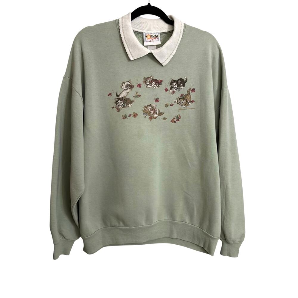 Morning Sun Sweatshirt Womens XL Sage Green Cat Kitten Graphic Collared Trim